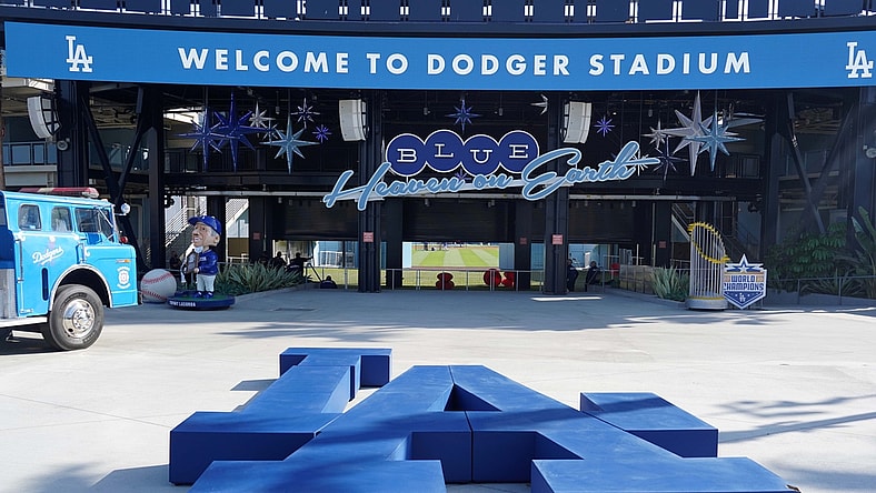 May 12, 2021; Los Angeles, California, USA; A detailed view of Los Angeles Dodgers LA logo in the center field plaza at Dodger Stadium. Mandatory Credit: Kirby Lee-USA TODAY Sports