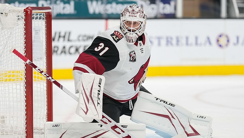 May 8, 2021; San Jose, California, USA;  Arizona Coyotes goaltender Adin Hill (31) during the first period against the San Jose Sharks at SAP Center at San Jose. Mandatory Credit: Stan Szeto-USA TODAY Sports