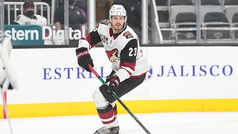 May 8, 2021; San Jose, California, USA;  Arizona Coyotes defenseman Oliver Ekman-Larsson (23) during the first period against the San Jose Sharks at SAP Center at San Jose. Mandatory Credit: Stan Szeto-USA TODAY Sports