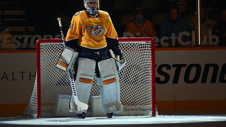 May 10, 2021; Nashville, Tennessee, USA; Nashville Predators goaltender Pekka Rinne (35) before the game against the Carolina Hurricanes at Bridgestone Arena. Mandatory Credit: Christopher Hanewinckel-USA TODAY Sports