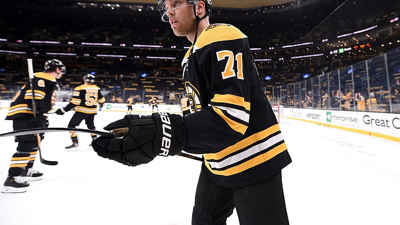 May 21, 2021; Boston, Massachusetts, USA; Boston Bruins left wing Taylor Hall (71) skates during warmups prior to game four of the first round of the 2021 Stanley Cup Playoffs against the Washington Capitals at TD Garden. Mandatory Credit: Bob DeChiara-USA TODAY Sports