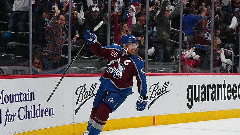 May 30, 2021; Denver, Colorado, USA; Colorado Avalanche left wing Gabriel Landeskog (92) celebrates his goal in the first period against the Vegas Golden Knights of game one in the second round of the 2021 Stanley Cup Playoffs at Ball Arena. Mandatory Credit: Ron Chenoy-USA TODAY Sports