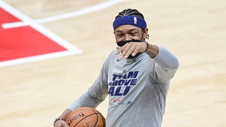 May 31, 2021; Washington, District of Columbia, USA;Washington Wizards guard Bradley Beal (3) warms up on the court before  game four in the first round of the 2021 NBA Playoffs A| . at Capital One Arena. Mandatory Credit: Tommy Gilligan-USA TODAY Sports