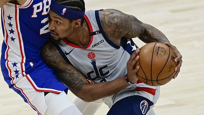 May 31, 2021; Washington, District of Columbia, USA; Washington Wizards guard Bradley Beal (3) makes a move to the basket as Philadelphia 76ers guard Ben Simmons (25) defends during game four in the first round of the 2021 NBA Playoffs. at Capital One Arena. Mandatory Credit: Tommy Gilligan-USA TODAY Sports
