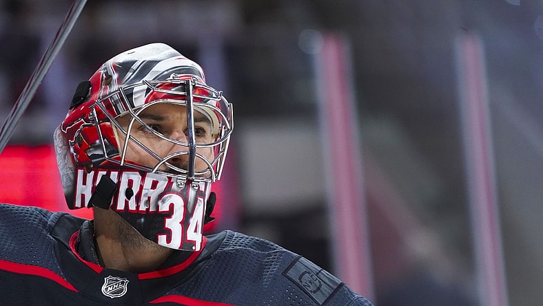 Jun 1, 2021; Raleigh, North Carolina, USA; Carolina Hurricanes goaltender Petr Mrazek (34) looks on before the game against the Tampa Bay Lightning in game two of the second round of the 2021 Stanley Cup Playoffs at PNC Arena. Mandatory Credit: James Guillory-USA TODAY Sports