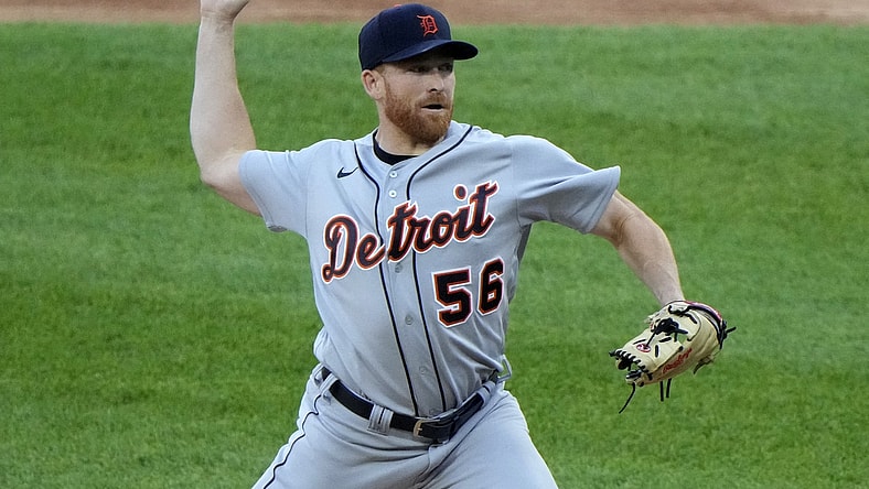 Jun 4, 2021; Chicago, Illinois, USA; Detroit Tigers starting pitcher Spencer Turnbull (56) throws a pitch against the Chicago White Sox during the first inning at Guaranteed Rate Field. Mandatory Credit: Mike Dinovo-USA TODAY Sports