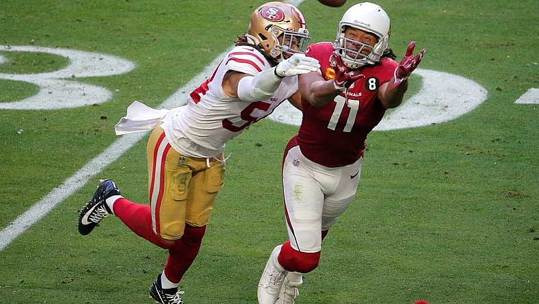 Dec 26, 2020; Glendale, AZ, USA; San Francisco 49ers linebacker Fred Warner (54) keeps Arizona Cardinals wide receiver Larry Fitzgerald (11) from making a catch at State Farm Stadium. Mandatory Credit: Cheryl Evans-Arizona Republic
Nfl San Francisco 49ers At Arizona Cardinals