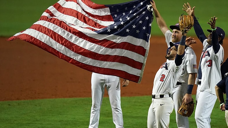 USA players celebrate after defeating Venezuela in the Super Round of the WBSC Baseball Americas Qualifier series game at Clover Park and qualifying for the Olympic Games in Tokyo Japan. Mandatory Credit: Jasen Vinlove-USA TODAY Sports