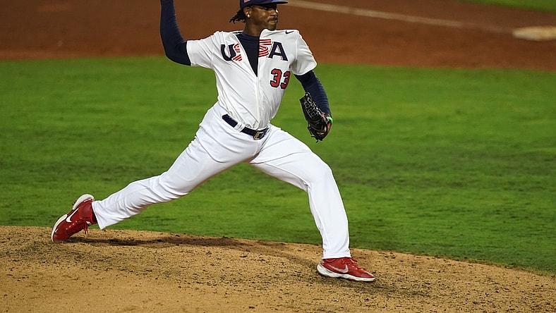 Jun 5, 2021; Port St. Lucie, Florida, USA; USA relief pitcher Edwin Jackson (33) delivers a pitch in the 8th inning against Venezuela in the Super Round of the WBSC Baseball Americas Qualifier series at Clover Park. Mandatory Credit: Jasen Vinlove-USA TODAY Sports