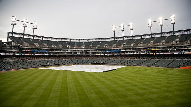 Rain delay at a Tigers game against Seattle Mariners at Comerica Park in Detroit, Tuesday, June 8, 2021.