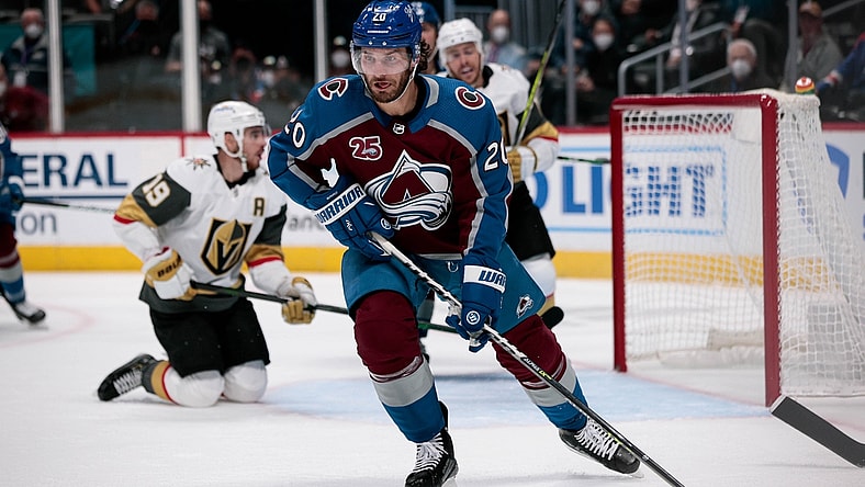 Jun 8, 2021; Denver, Colorado, USA; Colorado Avalanche left wing Brandon Saad (20) controls the puck in the first period against the Vegas Golden Knights in game five of the second round of the 2021 Stanley Cup Playoffs at Ball Arena. Mandatory Credit: Isaiah J. Downing-USA TODAY Sports