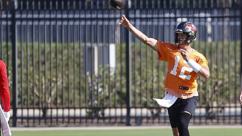 Jun 9, 2021; Tampa, FL, USA;  Tampa Bay Buccaneers quarterback Tom Brady (12) at AdventHealth Training Center. Mandatory Credit: Kim Klement-USA TODAY Sports