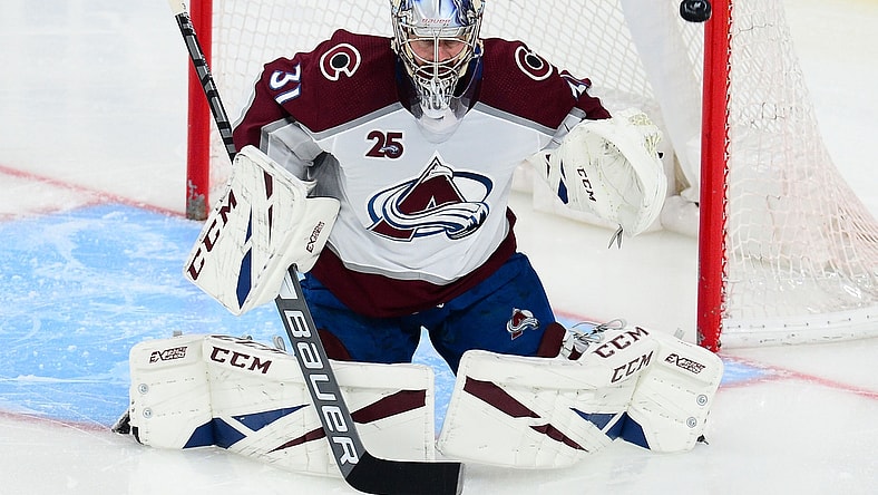 Jun 10, 2021; Las Vegas, Nevada, USA; Colorado Avalanche goaltender Philipp Grubauer (31) defends the goal against the Vegas Golden Knights during the second period in game six of the second round of the 2021 Stanley Cup Playoffs at T-Mobile Arena. Mandatory Credit: Gary A. Vasquez-USA TODAY Sports