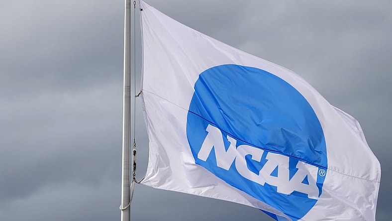 Jun 11, 2021; Eugene, Oregon, USA; An NCAA logo flag at the NCAA Track and Field Championships at Hayward Field. Mandatory Credit: Kirby Lee-USA TODAY Sports