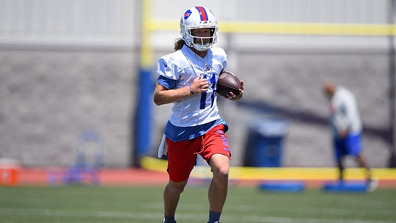 Jun 15, 2021; Buffalo, New York, USA; Buffalo Bills wide receiver Cole Beasley (11) runs with the ball during minicamp at the ADPRO Sports Training Center. Mandatory Credit: Rich Barnes-USA TODAY Sports