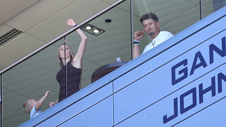 Jun 12, 2021; Kansas City, Kansas, USA;  Kansas City Chiefs quarterback Patrick Mahomes watches the match between Sporting Kansas City and Austin FC at Children's Mercy Park. Mandatory Credit: Gary Rohman-USA TODAY Sports