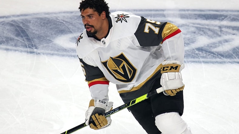 Jun 18, 2021; Montreal, Quebec, CAN; Vegas Golden Knights right wing Ryan Reaves (75) during the warm up session before the game three against Montreal Canadiens of the 2021 Stanley Cup Semifinals at Bell Centre. Mandatory Credit: Jean-Yves Ahern-USA TODAY Sports
