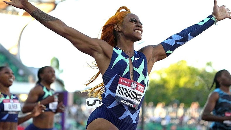 Jun 19, 2021; Eugene, OR, USA; Sha'Carri Richardson celebrates after winning the women's 100m in 10.86 during the US Olympic Team Trials at Hayward Field. Mandatory Credit: Kirby Lee-USA TODAY Sports