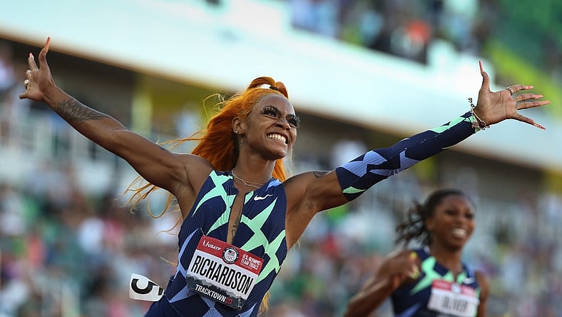 Sha'Carri Richardson, left, celebrates her win in the finals of the women's 100 meter dash at the U.S. Olympic Track & Field Trials at Hayward Field in Eugene.

Eug 061921 Trials 08