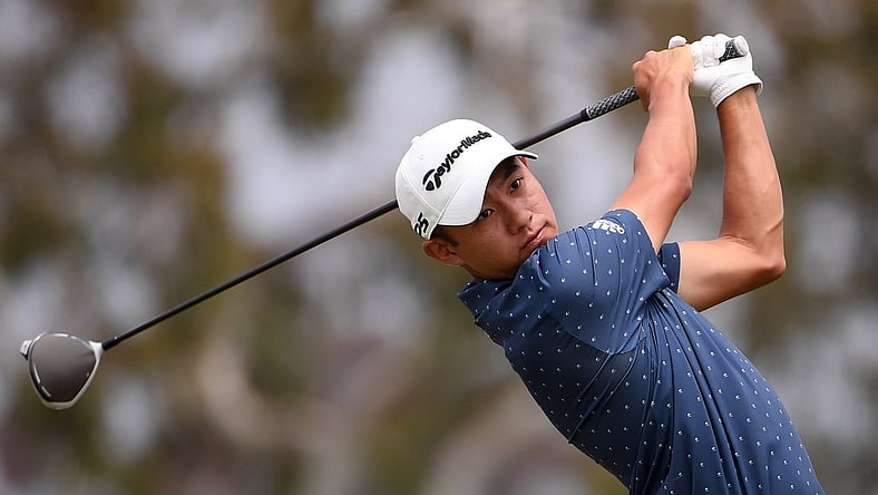 Jun 20, 2021; San Diego, California, USA; Collin Morikawa plays his shot from the second tee during the final round of the U.S. Open golf tournament at Torrey Pines Golf Course. Mandatory Credit: Orlando Ramirez-USA TODAY Sports