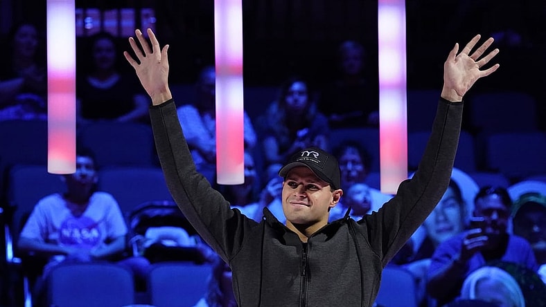 Jun 20, 2021; Omaha, Nebraska, USA; Michael Andrew places second in the men's 50m freestyle final during the U.S. Olympic Team Trials Swimming competition at CHI Health Center Omaha. Mandatory Credit: Rob Schumacher-USA TODAY Sports
