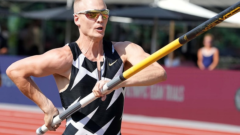 Jun 21, 2021; Eugene, OR, USA; Sam Kendricks places second in the pole vault at 19-2 1/4  (5.85m) during the USA Olympic Team Trials at Hayward Field. Mandatory Credit: Kirby Lee-USA TODAY Sports