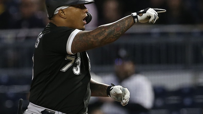 Jun 22, 2021; Pittsburgh, Pennsylvania, USA;  Chicago White Sox pinch hitter Yermin Mercedes (73) reacts after hitting a single against the Pittsburgh Pirates during the seventh inning at PNC Park. Mandatory Credit: Charles LeClaire-USA TODAY Sports