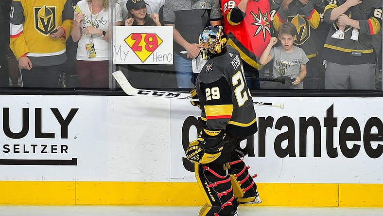 Jun 22, 2021; Las Vegas, Nevada, USA;Vegas Golden Knights goaltender Marc-Andre Fleury (29) skates past fans during pre-game warmups before the start of game five of the 2021 Stanley Cup Semifinals against the Montreal Canadiens at T-Mobile Arena. Mandatory Credit: Stephen R. Sylvanie-USA TODAY Sports