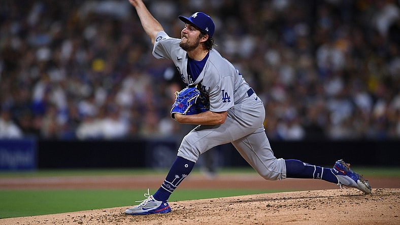 Jun 23, 2021; San Diego, California, USA; Los Angeles Dodgers starting pitcher Trevor Bauer (27) throws a pitch against the San Diego Padres during the third inning at Petco Park. Mandatory Credit: Orlando Ramirez-USA TODAY Sports