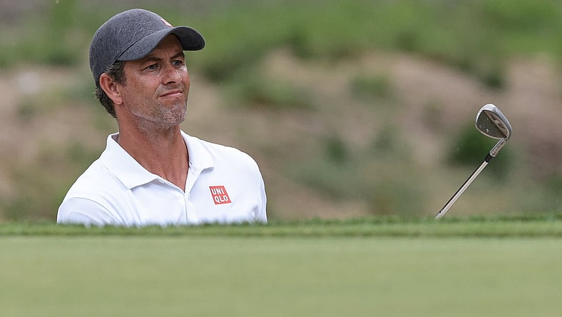 Jun 26, 2021; Cromwell, Connecticut, USA; Adam Scott reacts after hitting up on to the 14th green during the third round of the Travelers Championship golf tournament. Mandatory Credit: Vincent Carchietta-USA TODAY Sports