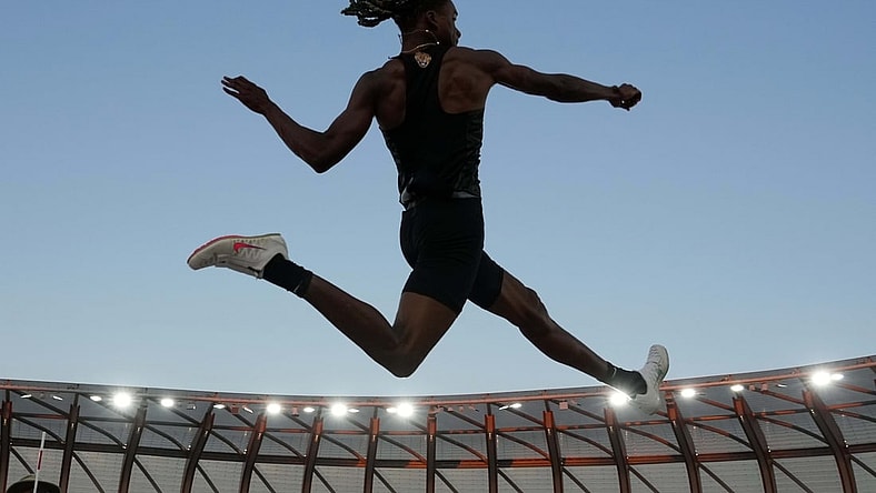 Jun 27, 2021; Eugene, OR, USA;  JuVaughn Harrison wins the long jump at 27-9 1/2 (8.47m) during the US Olympic Team Trials at Hayward Field. Mandatory Credit: Kirby Lee-USA TODAY Sports