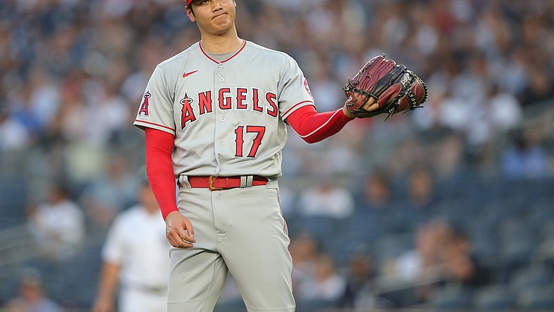 Jun 30, 2021; Bronx, New York, USA; Los Angeles Angels starting pitcher Shohei Ohtani (17) reacts during the first inning against the New York Yankees at Yankee Stadium. Mandatory Credit: Brad Penner-USA TODAY Sports