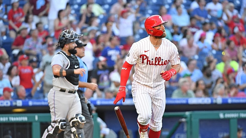 Jun 30, 2021; Philadelphia, Pennsylvania, USA; Philadelphia Phillies right fielder Bryce Harper (3) watches his home run during the second inning against the Miami Marlins at Citizens Bank Park. Mandatory Credit: Eric Hartline-USA TODAY Sports