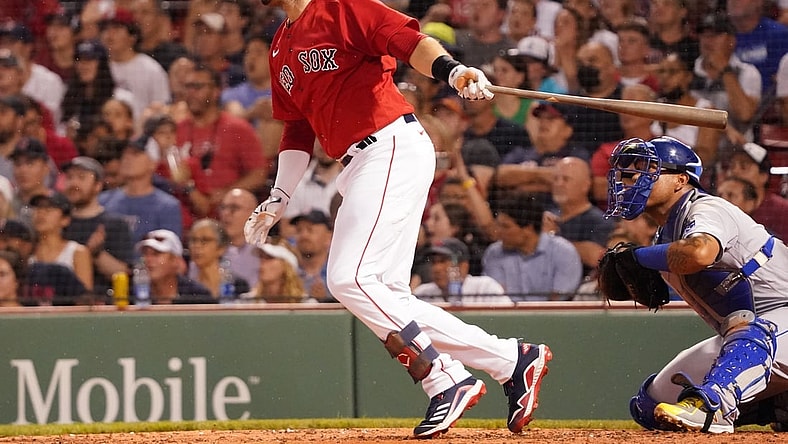 Jun 30, 2021; Boston, Massachusetts, USA; Boston Red Sox left fielder J.D. Martinez (28) hits a three-run home run against the Kansas City Royals during the third inning at Fenway Park. Mandatory Credit: David Butler II-USA TODAY Sports