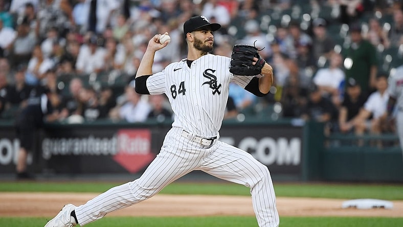 Jun 30, 2021; Chicago, Illinois, USA; Chicago White Sox starting pitcher Dylan Cease (84) pitches in the first inning against the Minnesota Twins at Guaranteed Rate Field. Mandatory Credit: Quinn Harris-USA TODAY Sports