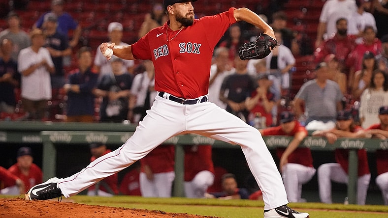 Jun 30, 2021; Boston, Massachusetts, USA; Boston Red Sox relief pitcher Matt Barnes (32) throws a pitch against the Kansas City Royals during the ninth inning at Fenway Park. Mandatory Credit: David Butler II-USA TODAY Sports