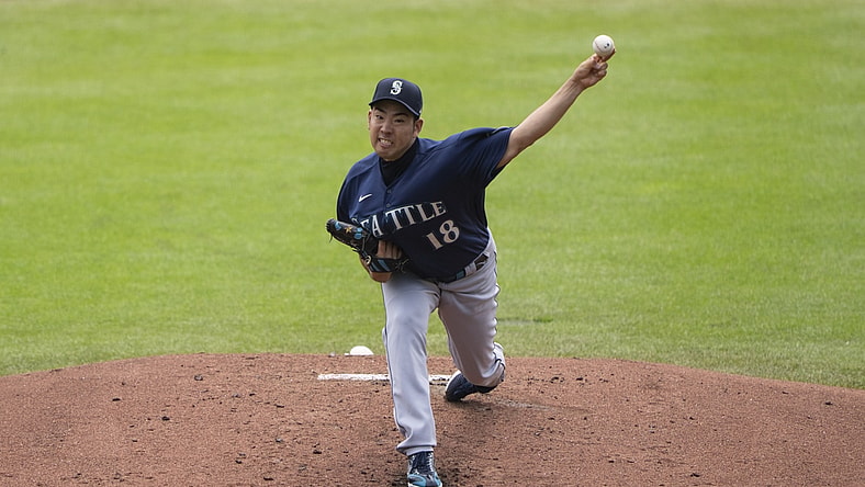 Jul 1, 2021; Buffalo, New York, CAN; Seattle Mariners pitcher Yusei Kikuchi (18) delivers a pitch during the first inning against the Toronto Blue Jays at Sahlen Field. Mandatory Credit: Gregory Fisher-USA TODAY Sports