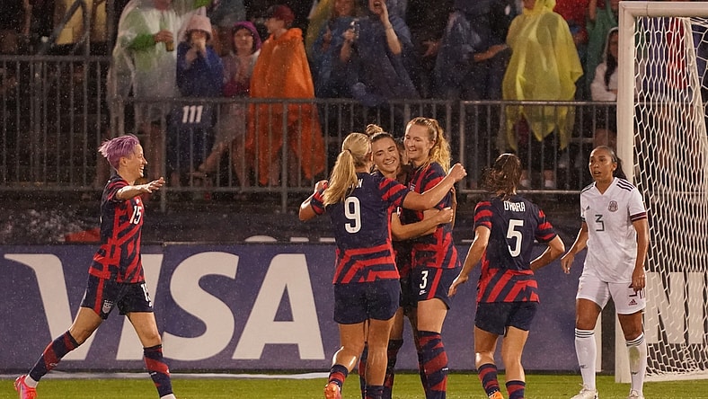 Jul 1, 2021; East Hartford, Connecticut, USA; USA midfielder Samantha Mewis (3) is congratulated after scoring against Mexico in the first half during a USWNT Send-off Series soccer match at Pratt & Whitney Stadium. Mandatory Credit: David Butler II-USA TODAY Sports