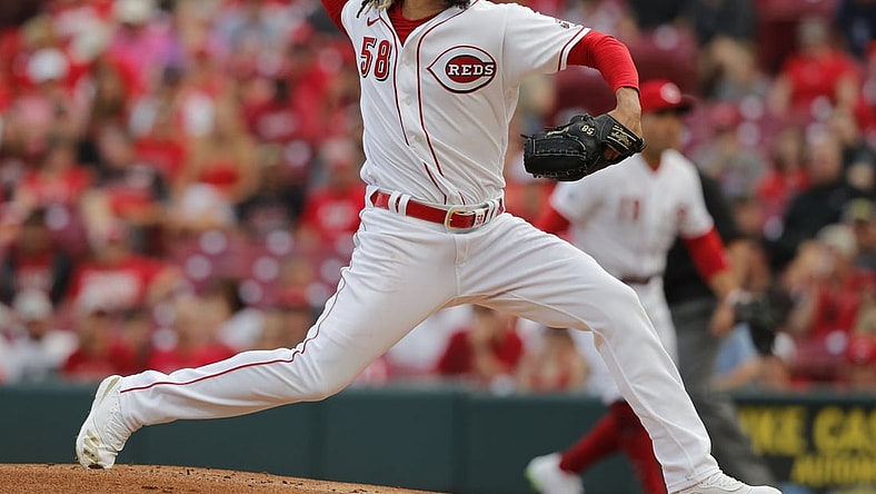 Jul 1, 2021; Cincinnati, Ohio, USA; Cincinnati Reds starting pitcher Luis Castillo (58) throws a pitch against the San Diego Padres during the first inning at Great American Ball Park. Mandatory Credit: David Kohl-USA TODAY Sports