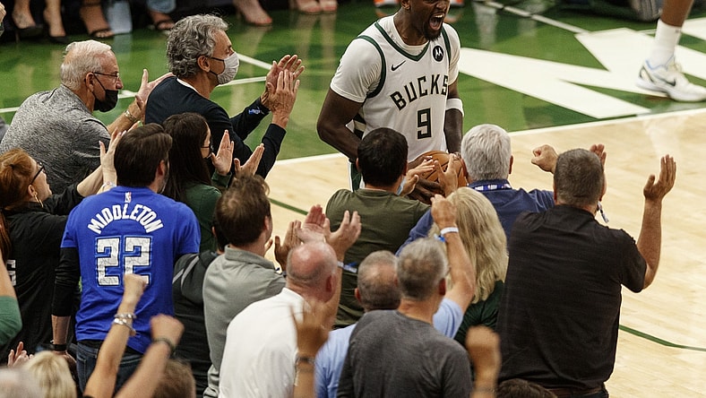 Jul 1, 2021; Milwaukee, Wisconsin, USA;  Milwaukee Bucks forward Bobby Portis (9) reacts to a play during the fourth quarter against the Atlanta Hawks during game five of the Eastern Conference Finals for the 2021 NBA Playoffs at Fiserv Forum. Mandatory Credit: Jeff Hanisch-USA TODAY Sports