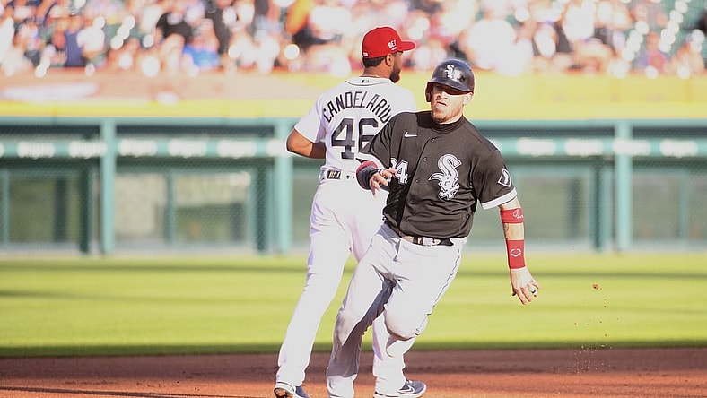 Jul 2, 2021; Detroit, Michigan, USA; Chicago White Sox catcher Yasmani Grandal (24) rounds third base and scores a run during the first inning against the Detroit Tigers at Comerica Park. Mandatory Credit: Tim Fuller-USA TODAY Sports