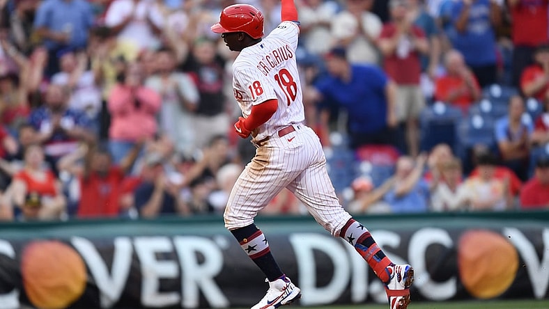 Jul 2, 2021; Philadelphia, Pennsylvania, USA; Philadelphia Phillies shortstop Didi Gregorius (18) celebrates as he rounds the bases after hitting a solo home run in the fifth inning against the San Diego Padres at Citizens Bank Park. Mandatory Credit: Kyle Ross-USA TODAY Sports