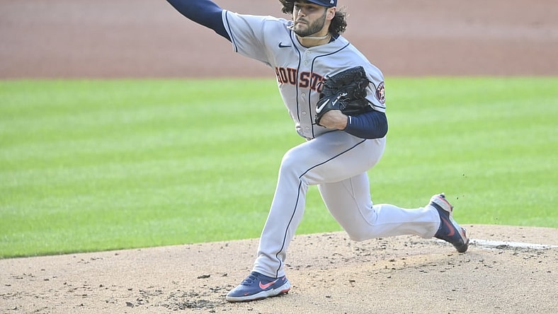 Jul 2, 2021; Cleveland, Ohio, USA; Houston Astros starting pitcher Lance McCullers Jr. (43) delivers a pitch in the first inning against the Cleveland Indians at Progressive Field. Mandatory Credit: David Richard-USA TODAY Sports