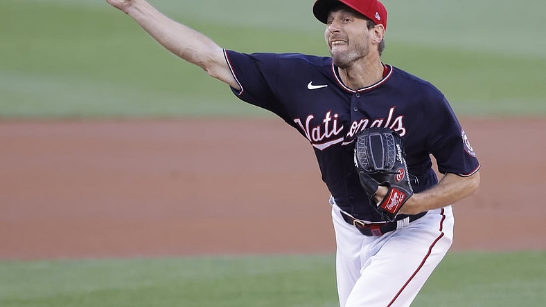 Jul 1, 2021; Washington, District of Columbia, USA; Washington Nationals starting pitcher Max Scherzer (31) pitches against the Los Angeles Dodgers in the first inning at Nationals Park. Mandatory Credit: Geoff Burke-USA TODAY Sports