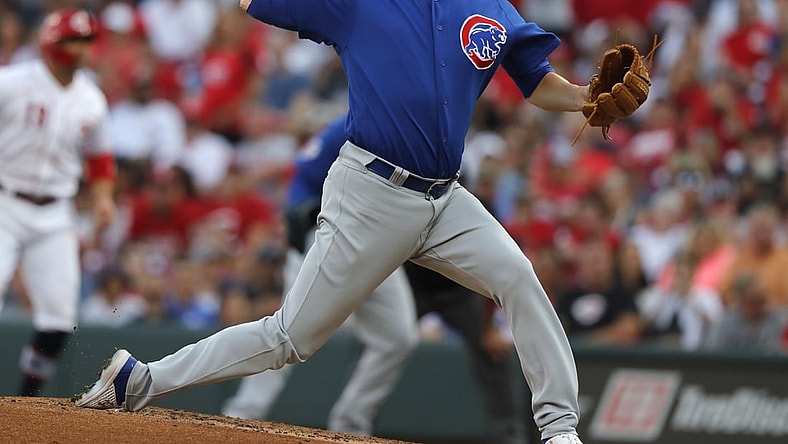 Jul 2, 2021; Cincinnati, Ohio, USA; Chicago Cubs starting pitcher Alec Mills (30) throws a pitch against the Cincinnati Reds during the second inning at Great American Ball Park. Mandatory Credit: David Kohl-USA TODAY Sports