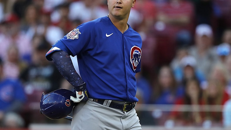 Jul 2, 2021; Cincinnati, Ohio, USA; Chicago Cubs left fielder Joc Pederson (24) walks from the plate after striking out against the Cincinnati Reds during the third inning at Great American Ball Park. Mandatory Credit: David Kohl-USA TODAY Sports