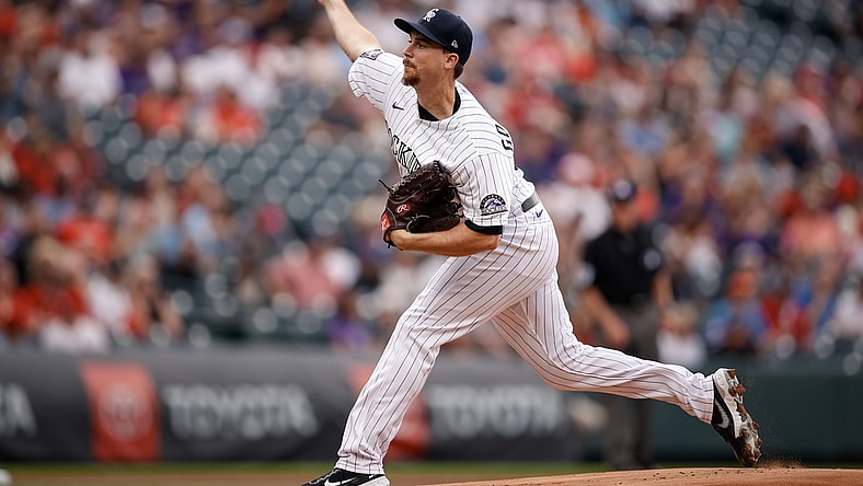 Jul 2, 2021; Denver, Colorado, USA; Colorado Rockies starting pitcher Chi Chi Gonzalez (50) pitches in the first inning against the St. Louis Cardinals at Coors Field. Mandatory Credit: Isaiah J. Downing-USA TODAY Sports