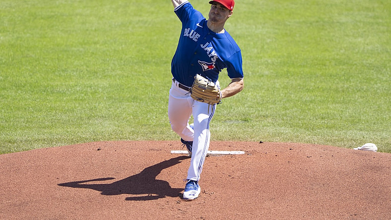 Jul 3, 2021; Buffalo, New York, CAN; Toronto Blue Jays pitcher Ross Stripling (48) delivers a pitch during the first inning against the Tampa Bay Rays at Sahlen Field. Mandatory Credit: Gregory Fisher-USA TODAY Sports