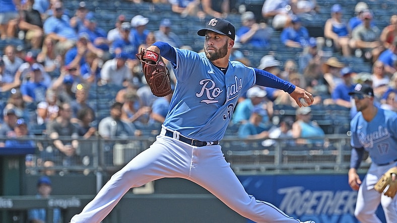 Jul 3, 2021; Kansas City, Missouri, USA; Kansas City Royals starting pitcher Danny Duffy (30) delivers a pitch during the first inning against the Minnesota Twins at Kauffman Stadium. Mandatory Credit: Peter Aiken-USA TODAY Sports