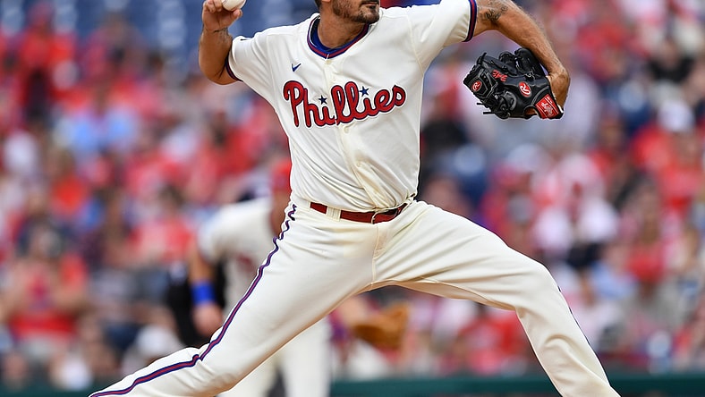 Jul 3, 2021; Philadelphia, Pennsylvania, USA; Philadelphia Phillies starting pitcher Zach Eflin (56) throws a pitch in the first inning against the San Diego Padres at Citizens Bank Park. Mandatory Credit: Kyle Ross-USA TODAY Sports
